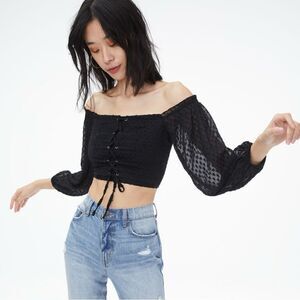 Aeropostale Clip Dot Lace Up Off The Shoulder Crop Top Black Medium Sheer